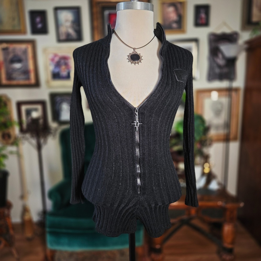 Darker Wavs Romper Ribbed Zip‎ Up Black Goth Grunge Alt Punk Cardigan XXS Small